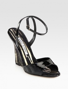 Metallic details upgrade this patent leather silhouette with a sexy, wrap-around ankle strap. Linen-covered wedge, 4¼ (110mm)Patent leather upperAdjustable wrap-around ankle strapLinen liningLeather solePadded insoleMade in Italy Metallic details upgrade this patent leather silhouette with a sexy, wrap-around ankle strap. Linen-covered wedge, 4¼ (110mm)Patent leather upperAdjustable wrap-around ankle strapLinen liningLeather solePadded insoleMade in Italy