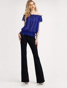 Breezy silk georgette in an off-the-shoulder peasant design, finished with soft ruching.Ruffled trim at elastic necklineDropped shouldersFlutter cap sleevesBlouson bodiceSmocked elastic waistAbout 24 from shoulder to hemSilkDry cleanImportedModel shown is 5'11 (180cm) wearing US size 4. Breezy silk georgette in an off-the-shoulder peasant design, finished with soft ruching.Ruffled trim at elastic necklineDropped shouldersFlutter cap sleevesBlouson bodiceSmocked elastic waistAbout 24 from shoulder to hemSilkDry cleanImportedModel shown is 5'11 (180cm) wearing US size 4.
