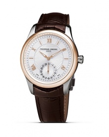 Maxime is a strong collection of classical watches with a clean design. At the same time it represents a rich and contemporary look with an elegant finish. The silver dial, with an elegant sun-ray guilloche decoration, offers clear legibility thanks to its polished and hand applied indices. This design has mother-of-pearl finishing on the dial and diamond indices and bezel. Inside, the watch is equipped with caliber FC-700 automatic calibration. Comes with a brown croco-embossed calfskin strap. Made in Geneva, Switzerland. Maxime is a strong collection of classical watches with a clean design. At the same time it represents a rich and contemporary look with an elegant finish. The silver dial, with an elegant sun-ray guilloche decoration, offers clear legibility thanks to its polished and hand applied indices. This design has mother-of-pearl finishing on the dial and diamond indices and bezel. Inside, the watch is equipped with caliber FC-700 automatic calibration. Comes with a brown croco-embossed calfskin strap. Made in Geneva, Switzerland.
