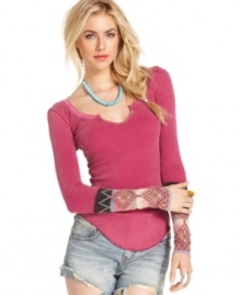 Crochet cuffs move this Free People henley top from staple to stylish territory -- perfect for a laid-back boho look! Crochet cuffs move this Free People henley top from staple to stylish territory -- perfect for a laid-back boho look!