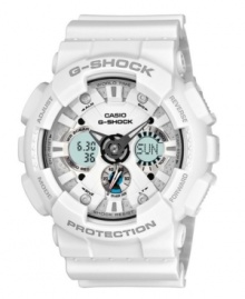 Refined and untouched in appearance, this tough sports watch from G-Shock is the best of both worlds. Crafted of matte white resin strap and round case. Analog digital shock-resistant dial features logo, world time, multifunction alarm, countdown timer, stopwatch, 12/24 hour formats, mute, speed indicator, auto LED light, hour and minute hands and stick indices. Quartz movement. Water resistant to 200 meters. One-year limited warranty. Refined and untouched in appearance, this tough sports watch from G-Shock is the best of both worlds. Crafted of matte white resin strap and round case. Analog digital shock-resistant dial features logo, world time, multifunction alarm, countdown timer, stopwatch, 12/24 hour formats, mute, speed indicator, auto LED light, hour and minute hands and stick indices. Quartz movement. Water resistant to 200 meters. One-year limited warranty.