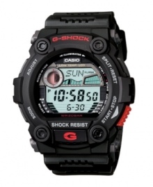 For the rough and rugged. Keep it real with this classic G-Shock design. Watch crafted of black resin strap and round case. Shock-resistant, positive display digital dial features auto EL backlight with afterglow, world time, tide graph, flash alert, four alarms and one snooze, hourly time signal, countdown timer, stopwatch, auto calendar and 12/24 hour formats. Quartz movement. Water resistant to 200 meters. One-year limited warranty. For the rough and rugged. Keep it real with this classic G-Shock design. Watch crafted of black resin strap and round case. Shock-resistant, positive display digital dial features auto EL backlight with afterglow, world time, tide graph, flash alert, four alarms and one snooze, hourly time signal, countdown timer, stopwatch, auto calendar and 12/24 hour formats. Quartz movement. Water resistant to 200 meters. One-year limited warranty.