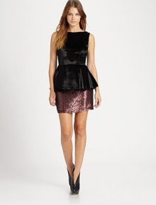 Trend-forward peplum adds flirty style to this sleeveless design with a lustrous shiny finish. SleevelessBodice dartsSet-in waistBubble hemSheer mesh back panelsExposed back zipFully linedAbout 24 from shoulder to hemBody: rayon/silkTrim: nylon/spandexDry cleanImported Model shown is 5'10 (178cm) wearing US size Small. Trend-forward peplum adds flirty style to this sleeveless design with a lustrous shiny finish. SleevelessBodice dartsSet-in waistBubble hemSheer mesh back panelsExposed back zipFully linedAbout 24 from shoulder to hemBody: rayon/silkTrim: nylon/spandexDry cleanImported Model shown is 5'10 (178cm) wearing US size Small.
