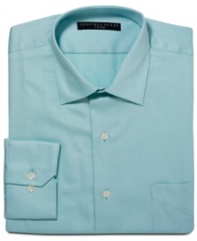 Give your 9-to-5 a cool color rush with this fitted dress shirt from Geoffrey Beene. Give your 9-to-5 a cool color rush with this fitted dress shirt from Geoffrey Beene.