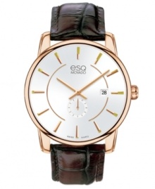 Detailed elegance from esQ Movado. Designed with rosy steel and rich leather, this Capital collection watch complements your finest suits. Detailed elegance from esQ Movado. Designed with rosy steel and rich leather, this Capital collection watch complements your finest suits.
