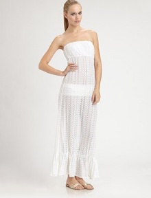 A long, lacy coverup for pretty coverage and rich character on the beach or by the pool.Elasticized bandeau necklineEmpire waistPull-on stylingWide ruffle at hem78% polyester/22% spandexHand washImported A long, lacy coverup for pretty coverage and rich character on the beach or by the pool.Elasticized bandeau necklineEmpire waistPull-on stylingWide ruffle at hem78% polyester/22% spandexHand washImported