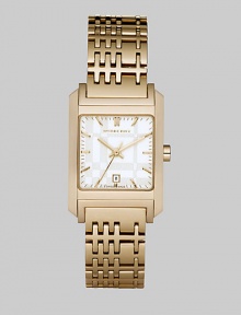 Familiar Burberry checks are subtly designed into the bracelet of this elegant goldplated watch with a silver dial.Quartz movement Water-resistant to 5ATM Smooth bezel Square stainless steel case with IP (ionic plating) gold finish; 25 mm (.98) X 29 mm (1.14) Silver sunray textured dial Bar hour markers Date display at 6:00 Second hand Goldplated link bracelet in check pattern; 16mm wide (.63) Made in Switzerland Familiar Burberry checks are subtly designed into the bracelet of this elegant goldplated watch with a silver dial.Quartz movement Water-resistant to 5ATM Smooth bezel Square stainless steel case with IP (ionic plating) gold finish; 25 mm (.98) X 29 mm (1.14) Silver sunray textured dial Bar hour markers Date display at 6:00 Second hand Goldplated link bracelet in check pattern; 16mm wide (.63) Made in Switzerland