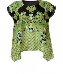 Work an opulent edge into city-chic looks with Anna Suis printed bamboo handkerchief top - Round neckline, cap sleeves, longer draped sides - Loosely fitted - Wear with skinnies, black ballerinas and bright green accessories Work an opulent edge into city-chic looks with Anna Suis printed bamboo handkerchief top - Round neckline, cap sleeves, longer draped sides - Loosely fitted - Wear with skinnies, black ballerinas and bright green accessories