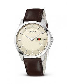 A diamante embossed face on a smooth leather strap lends Gucci's signature look to this versatile, timeless wristwatch. A diamante embossed face on a smooth leather strap lends Gucci's signature look to this versatile, timeless wristwatch.
