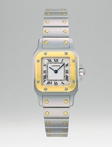 Elegant 18k yellow gold and stainless steel Santos Galbee bracelet watch. Quartz movement Case, 35mm X 26mm, 1.38 X 1.02 Case depth, 6mm, 0.24 Water-resistant to 330 feet Strap width, 14mm, 0.55 Steel deployant clasp Made in Switzerland Elegant 18k yellow gold and stainless steel Santos Galbee bracelet watch. Quartz movement Case, 35mm X 26mm, 1.38 X 1.02 Case depth, 6mm, 0.24 Water-resistant to 330 feet Strap width, 14mm, 0.55 Steel deployant clasp Made in Switzerland