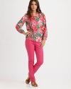 A vibrant floral print combines effortlessly with golden buttons and a relaxed silhouette.Split collarGathered three-quarter sleevesLow-riseButton placketFront pocketPolyesterMachine washImported Model shown is 5'10 (177cm) wearing US size Small. 