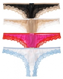 Lace trimmed thongs in pretty hues from Honeydew. Style #200250 Lace trimmed thongs in pretty hues from Honeydew. Style #200250