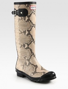 Pick-me-up boots to brighten rainy days, constructed with snake-print rubber and topped with a buckle strap. Shaft, 15Leg circumference, 15Snake-print rubber upperPull-on styleNylon liningRubber solePadded insoleImported Pick-me-up boots to brighten rainy days, constructed with snake-print rubber and topped with a buckle strap. Shaft, 15Leg circumference, 15Snake-print rubber upperPull-on styleNylon liningRubber solePadded insoleImported