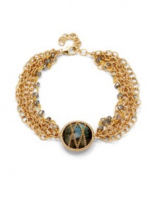 THE LOOKWire-wrapped peacock labradorite stoneMulti-chain designPeacock labradorite accents6½ tcw14k goldfilled settingLobster claspTHE MEASUREMENTWidth, about ¾Length, about 8ORIGINImported THE LOOKWire-wrapped peacock labradorite stoneMulti-chain designPeacock labradorite accents6½ tcw14k goldfilled settingLobster claspTHE MEASUREMENTWidth, about ¾Length, about 8ORIGINImported