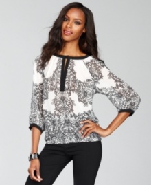 INC's come up with an unfussy way to wear lace: A delicate, lacy print enhances the soft peasant silhouette. INC's come up with an unfussy way to wear lace: A delicate, lacy print enhances the soft peasant silhouette.
