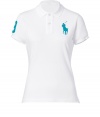 Detailed in breathable cotton mesh, Ralph Laurens neon detailed big pony polo is a cool modern take on this iconic style - Small collar, button placket, short sleeves, oversized neon turquoise embroidered polo player at chest and number patch on sleeve, slit sides, high-low hemline - Classic slim fit - Wear with your favorite jeans and just as bright loafers
