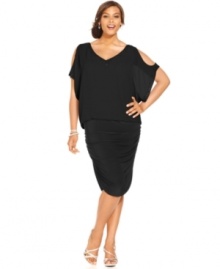 Nine West's plus size dress delivers show-stopping style with a split-sleeve, blouson-style bodice and a fitted ruched skirt. Beaded trim at the neck and cuffs adds an element of sparkle to the look. Nine West's plus size dress delivers show-stopping style with a split-sleeve, blouson-style bodice and a fitted ruched skirt. Beaded trim at the neck and cuffs adds an element of sparkle to the look.