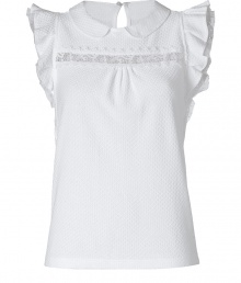 Dainty and delicate with its round collar and dotted tulle sleeve detail, Valentino R.E.D.s waffle knit top lends a sweet finish to any outfit - Round collar, ruffled cap sleeves with dotted tulle underlay, sheer lace panel at yolk, keyhole cutout with button closure at nape - Loosely fitted - Team with tailored trousers, or a pencil skirt and peep-toes Dainty and delicate with its round collar and dotted tulle sleeve detail, Valentino R.E.D.s waffle knit top lends a sweet finish to any outfit - Round collar, ruffled cap sleeves with dotted tulle underlay, sheer lace panel at yolk, keyhole cutout with button closure at nape - Loosely fitted - Team with tailored trousers, or a pencil skirt and peep-toes