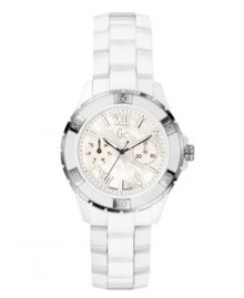 Go glam while on the move with this Sport Class XL-S Glam collection watch from Gc Swiss Made Timepieces. Crafted of white ceramic bracelet and round case with silver tone accents. White dial with two subdials, logo at twelve o'clock, silver tone Roman numerals at twelve, five and seven o'clock, stick indices and minute track. Swiss quartz movement. Water resistant to 100 meters. Ten-year limited warranty. Luxury Gc gift box packaging included. Go glam while on the move with this Sport Class XL-S Glam collection watch from Gc Swiss Made Timepieces. Crafted of white ceramic bracelet and round case with silver tone accents. White dial with two subdials, logo at twelve o'clock, silver tone Roman numerals at twelve, five and seven o'clock, stick indices and minute track. Swiss quartz movement. Water resistant to 100 meters. Ten-year limited warranty. Luxury Gc gift box packaging included.