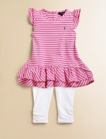 An adorable, soft striped jersey dress with ruffle accents is paired perfectly with stretch cotton leggings.CrewneckShort flutter sleevesPullover styleRuffled hemElastic waistbandSide ruched hemDress: CottonLeggings: 93% cotton/7% polyesterMachine washImported An adorable, soft striped jersey dress with ruffle accents is paired perfectly with stretch cotton leggings.CrewneckShort flutter sleevesPullover styleRuffled hemElastic waistbandSide ruched hemDress: CottonLeggings: 93% cotton/7% polyesterMachine washImported