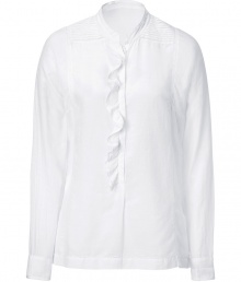 Breathe new life into your day look with this effortlessly chic top - Stand collar, front button placket with ruffle detail, stitching detail at shoulders, relaxed silhouette - Pair with cropped trousers, pumps, and a crossbody bag Breathe new life into your day look with this effortlessly chic top - Stand collar, front button placket with ruffle detail, stitching detail at shoulders, relaxed silhouette - Pair with cropped trousers, pumps, and a crossbody bag