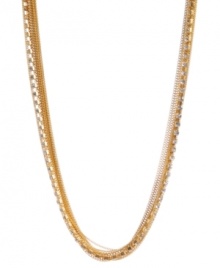The beauty's in the details. Kenneth Cole New York's gold-plated mixed metal necklace is composed of several gold-tone chains with crystal cup chain accents and glass stones. Approximate length: 17 inches + 3-inch extender. The beauty's in the details. Kenneth Cole New York's gold-plated mixed metal necklace is composed of several gold-tone chains with crystal cup chain accents and glass stones. Approximate length: 17 inches + 3-inch extender.