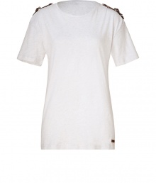 Luxe white m?lange tee from Burberry Brit - Add chic appeal to your wardrobe basics with this super stylish tee - Cool epaulet detail at shoulder, slim feminine cut, made of heather cotton - Pair with skinny jeans, a military-inspired jacket, and over-the-knee boots Luxe white m?lange tee from Burberry Brit - Add chic appeal to your wardrobe basics with this super stylish tee - Cool epaulet detail at shoulder, slim feminine cut, made of heather cotton - Pair with skinny jeans, a military-inspired jacket, and over-the-knee boots