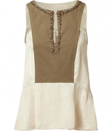 Elegant sleeveless top in off-white viscoses features beige insert and decorative darts - Slotted round neckline is lined with a decorative chain - Slim silhouette moves into slightly ruffled waist - Pair with skinny jeans and ballet flats for a casual weekend look Elegant sleeveless top in off-white viscoses features beige insert and decorative darts - Slotted round neckline is lined with a decorative chain - Slim silhouette moves into slightly ruffled waist - Pair with skinny jeans and ballet flats for a casual weekend look