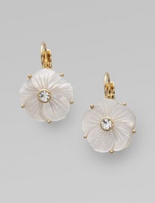 Mother of pearl flowers feature sparkling glass bead centers.Mother of pearl, glass 12K goldplated Drop, about 1 Width, about ½ Leverbacks Imported