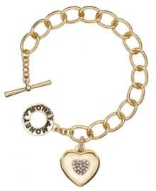 True love. Monet's beautiful chain link bracelet features a romantic heart locket. Crafted in gold tone mixed metal, it's embellished with glittering glass and cubic zirconia accents as well as sparkling crystals. Includes a toggle closure and logo charm. Approximate length: 7-1/2 inches. True love. Monet's beautiful chain link bracelet features a romantic heart locket. Crafted in gold tone mixed metal, it's embellished with glittering glass and cubic zirconia accents as well as sparkling crystals. Includes a toggle closure and logo charm. Approximate length: 7-1/2 inches.