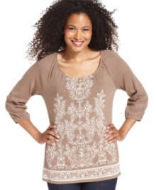 This peasant top from Karen Scott features a printed embroidery-inspired design and studs for a touch of shine. Made from 100% cotton, it's so soft, too! This peasant top from Karen Scott features a printed embroidery-inspired design and studs for a touch of shine. Made from 100% cotton, it's so soft, too!