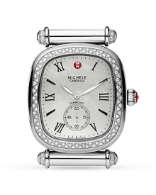 Be fashionably on time. With a mother-of-pearl dial and diamond-encrusted bezel, Michele's Caber watch is a glamorous take on a classic style. Be fashionably on time. With a mother-of-pearl dial and diamond-encrusted bezel, Michele's Caber watch is a glamorous take on a classic style.