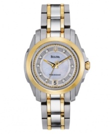 Style that stuns and precision that's trusted. Precisionist watch by Bulova crafted of two-tone stainless steel bracelet and round case with gold tone bezel. Mother-of-pearl dial features ten diamond accent markers, date window at six o'clock, three gold tone hands including continuously sweeping second hand and logo. Quartz movement. Water resistant to 30 meters. Three-year limited warranty. Style that stuns and precision that's trusted. Precisionist watch by Bulova crafted of two-tone stainless steel bracelet and round case with gold tone bezel. Mother-of-pearl dial features ten diamond accent markers, date window at six o'clock, three gold tone hands including continuously sweeping second hand and logo. Quartz movement. Water resistant to 30 meters. Three-year limited warranty.