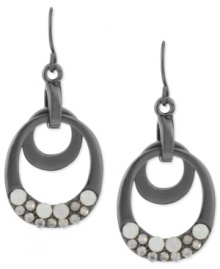 Shapely chic. Kenneth Cole New York's oval drop earrings are crafted from hematite-tone mixed metal with glass pave crystal accents adding a lustrous touch. Approximate drop: 1-1/2 inches. Shapely chic. Kenneth Cole New York's oval drop earrings are crafted from hematite-tone mixed metal with glass pave crystal accents adding a lustrous touch. Approximate drop: 1-1/2 inches.
