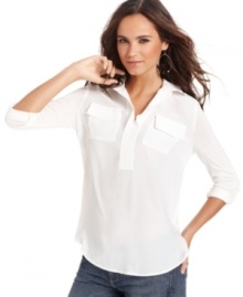 A season-less staple, this Kensie blouse is always crisply chic over your fave bottoms! A season-less staple, this Kensie blouse is always crisply chic over your fave bottoms!