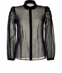 Inject coquettish cool into your day-to-night ensemble with this luxe sheer blouse from Valentino R.E.D - Small Peter Pan collar, concealed front button placket, long puff sleeves with gathering, fitted silhouette, all-over polka dot print, semi-sheer - Style with a pencil skirt, platform heels, and a clutch