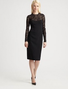 Double-faced stretch wool crepe, tailored in a form-fitting silhouette and crowned with alluring lace panels.Jewel necklineLace yoke and backLong lace sleevesPrincess seamsBack ventBack zipAbout 28 from natural waist96% wool/4% elastaneDry cleanMade in ItalyModel shown is 5'10 (177cm) wearing US size 4. Double-faced stretch wool crepe, tailored in a form-fitting silhouette and crowned with alluring lace panels.Jewel necklineLace yoke and backLong lace sleevesPrincess seamsBack ventBack zipAbout 28 from natural waist96% wool/4% elastaneDry cleanMade in ItalyModel shown is 5'10 (177cm) wearing US size 4.