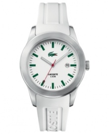 Get the iconic style you crave. This Lacoste watch features a logo-embossed white rubber strap and round stainless steel case. White dial with logo, date window and green stick indices. Quartz movement. Water resistant to 50 meters. Two-year limited warranty. Get the iconic style you crave. This Lacoste watch features a logo-embossed white rubber strap and round stainless steel case. White dial with logo, date window and green stick indices. Quartz movement. Water resistant to 50 meters. Two-year limited warranty.