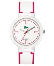 Snap into action with this preppy, pink-accented men's and women's Goa watch from Lacoste. White silicone strap with pink stripes. Round white plastic case and round white dial with logo. Quartz movement. Water resistant to 30 meters. Two-year limited warranty. Snap into action with this preppy, pink-accented men's and women's Goa watch from Lacoste. White silicone strap with pink stripes. Round white plastic case and round white dial with logo. Quartz movement. Water resistant to 30 meters. Two-year limited warranty.