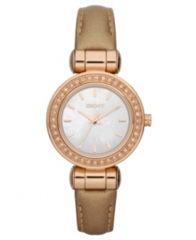 A ravishing look by DKNY. This darling watch shimmers with rosy sparkle and supple leather. A ravishing look by DKNY. This darling watch shimmers with rosy sparkle and supple leather.