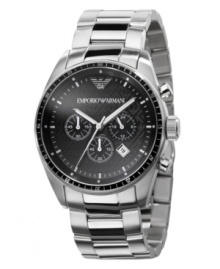 Sporty style with a luxe edge from Emporio Armani. Stainless steel bracelet and case. Black chronograph dial with logo, date window, silvertone accents and three subdials. Three hands. Quartz movement. Water resistant to 50 meters. Two-year limited warranty. Sporty style with a luxe edge from Emporio Armani. Stainless steel bracelet and case. Black chronograph dial with logo, date window, silvertone accents and three subdials. Three hands. Quartz movement. Water resistant to 50 meters. Two-year limited warranty.