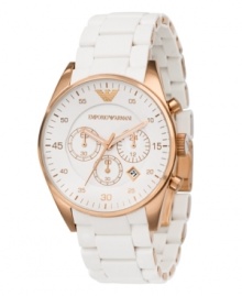 Look on the bright side. Radiant watch by Emporio Armani crafted of rose-gold-plated stainless steel bracelet wrapped in white silicone and round case. White chronograph dial features rose-gold tone numerals and minute track, three subdials, date window and logo at twelve o'clock. Quartz movement. Water resistant to 50 meters. Two-year limited warranty. Look on the bright side. Radiant watch by Emporio Armani crafted of rose-gold-plated stainless steel bracelet wrapped in white silicone and round case. White chronograph dial features rose-gold tone numerals and minute track, three subdials, date window and logo at twelve o'clock. Quartz movement. Water resistant to 50 meters. Two-year limited warranty.