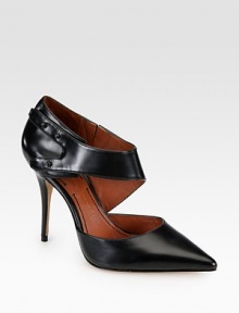 This sexy, asymmetrical pump made of butter-soft leather elongates the leg with a timeless point toe. Self-covered heel, 4¼ (110mm)Leather upperPoint toeLeather-covered button closuresLeather lining and solePadded insoleImported This sexy, asymmetrical pump made of butter-soft leather elongates the leg with a timeless point toe. Self-covered heel, 4¼ (110mm)Leather upperPoint toeLeather-covered button closuresLeather lining and solePadded insoleImported