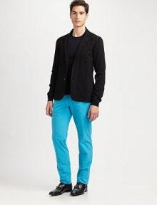 This slim-fit silhouette lends an bold, energetic touch to everyday style, structured in comfortable cotton.Flat-front styleSide slash, back welt pocketsInseam, about 33CottonDry cleanMade in Italy This slim-fit silhouette lends an bold, energetic touch to everyday style, structured in comfortable cotton.Flat-front styleSide slash, back welt pocketsInseam, about 33CottonDry cleanMade in Italy