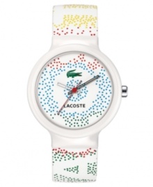 Subtle and fashionable, this men's and women's Goa watch from Lacoste is spot on. White multicolor dot silicone strap. Round white plastic case and round white dial with multicolor dot logo design. Quartz movement. Water resistant to 30 meters. Two-year limited warranty.