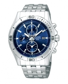 Cool blues lend a tranquil touch to this precise timepiece from Pulsar. Crafted of stainless steel bracelet and round case. Black numerals and stick indices at the bezel. Blue dial features applied silver-tone stick indices at markers, three subdials, date window at three o'clock, three hands and logo. Quartz movement. Water resistant to 50 meters. Three-year limited warranty. Cool blues lend a tranquil touch to this precise timepiece from Pulsar. Crafted of stainless steel bracelet and round case. Black numerals and stick indices at the bezel. Blue dial features applied silver-tone stick indices at markers, three subdials, date window at three o'clock, three hands and logo. Quartz movement. Water resistant to 50 meters. Three-year limited warranty.