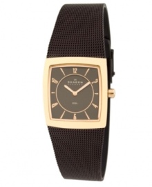 Elegant refinement meets modern fashion. Stainless steel bracelet features Skagen Denmark signature mesh with espresso ion plating. Square, rose-gold-plated case frames a dark brown dial. Dial features rose goldtone indexes and hands with luminous inlay. Two-hand quartz movement. Water resistant up to thirty meters. Limited lifetime warranty. Elegant refinement meets modern fashion. Stainless steel bracelet features Skagen Denmark signature mesh with espresso ion plating. Square, rose-gold-plated case frames a dark brown dial. Dial features rose goldtone indexes and hands with luminous inlay. Two-hand quartz movement. Water resistant up to thirty meters. Limited lifetime warranty.