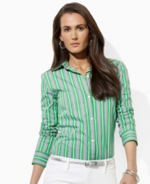 Slim stripes lend classic appeal to this timeless Lauren by Ralph Lauren shirt, rendered in smooth wrinkle-resistant cotton for easy style. Slim stripes lend classic appeal to this timeless Lauren by Ralph Lauren shirt, rendered in smooth wrinkle-resistant cotton for easy style.