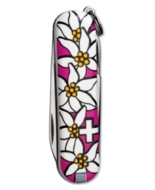 A pocketknife never looked better. The sterling silver & pink acrylic Swiss Army classic Edelweiss pocket knife features a blade, nail file with nail cleaner, scissors, key ring, tweezers and toothpick. Lifetime guarantee against any defects in material and workmanship. Approximate length: 2-1/4 inches. A pocketknife never looked better. The sterling silver & pink acrylic Swiss Army classic Edelweiss pocket knife features a blade, nail file with nail cleaner, scissors, key ring, tweezers and toothpick. Lifetime guarantee against any defects in material and workmanship. Approximate length: 2-1/4 inches.