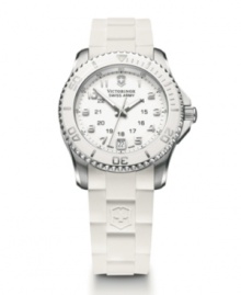 Clean white softens the look of this Maverick GS watch by Victorinox Swiss Army. White rubber strap and round stainless steel case. Unidirectional rotating bezel with white lacquer finish and anti-reflective, triple-coated sapphire crystal. White dial features applied silver tone stick indices, minute track, military time, date window at six o'clock, luminous hands and logo. Swiss quartz movement. Water resistant to 100 meters. Three-year limited warranty. Clean white softens the look of this Maverick GS watch by Victorinox Swiss Army. White rubber strap and round stainless steel case. Unidirectional rotating bezel with white lacquer finish and anti-reflective, triple-coated sapphire crystal. White dial features applied silver tone stick indices, minute track, military time, date window at six o'clock, luminous hands and logo. Swiss quartz movement. Water resistant to 100 meters. Three-year limited warranty.